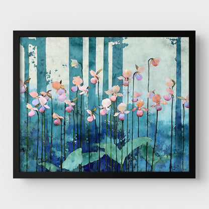 Framed artwork of pink flowers against a blue and green abstract background