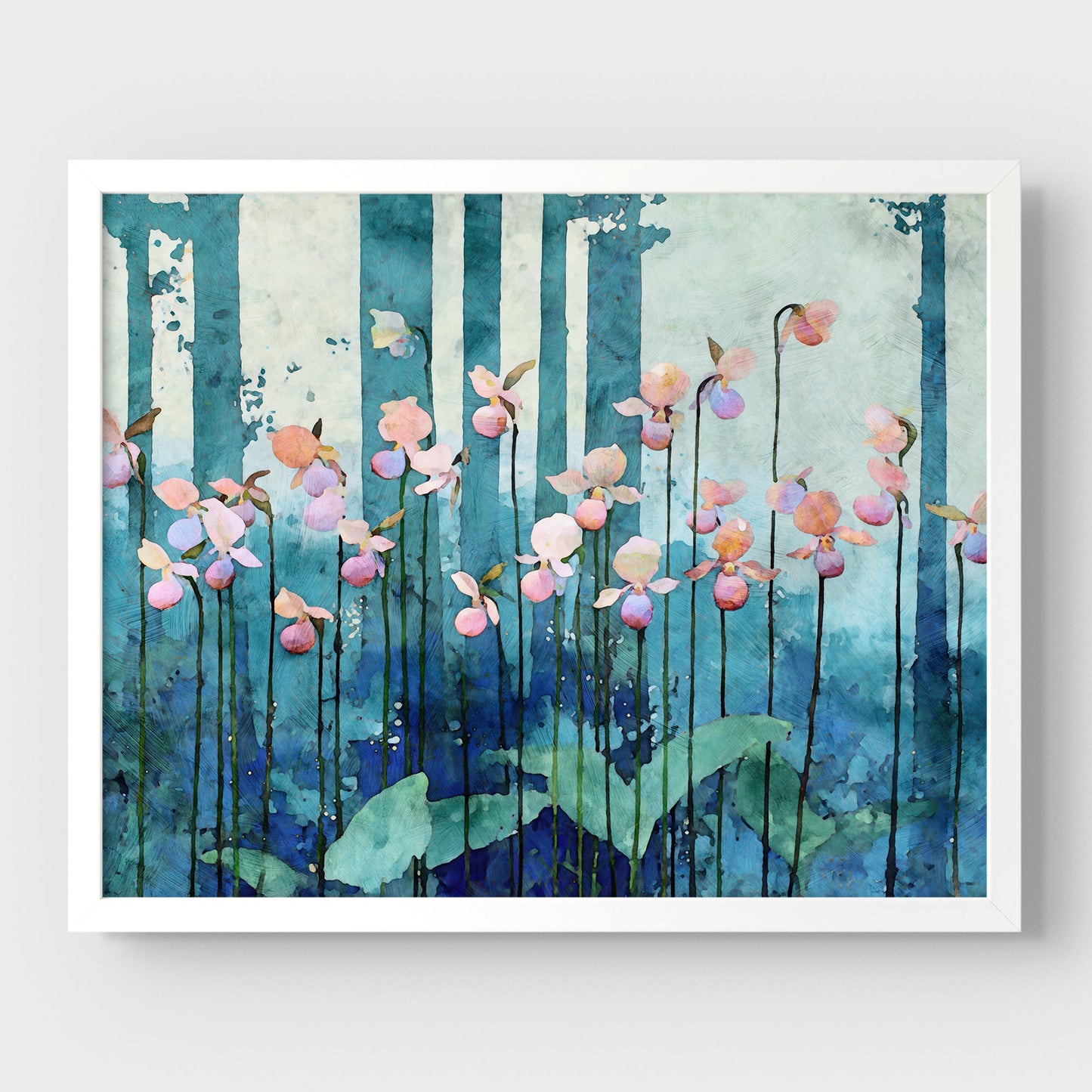 Artistic depiction of flowers and trees with a blue and green color scheme on a white background.