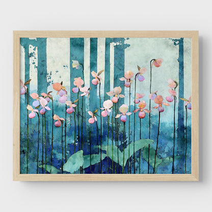 Framed artwork of pink flowers against a blue and green abstract background