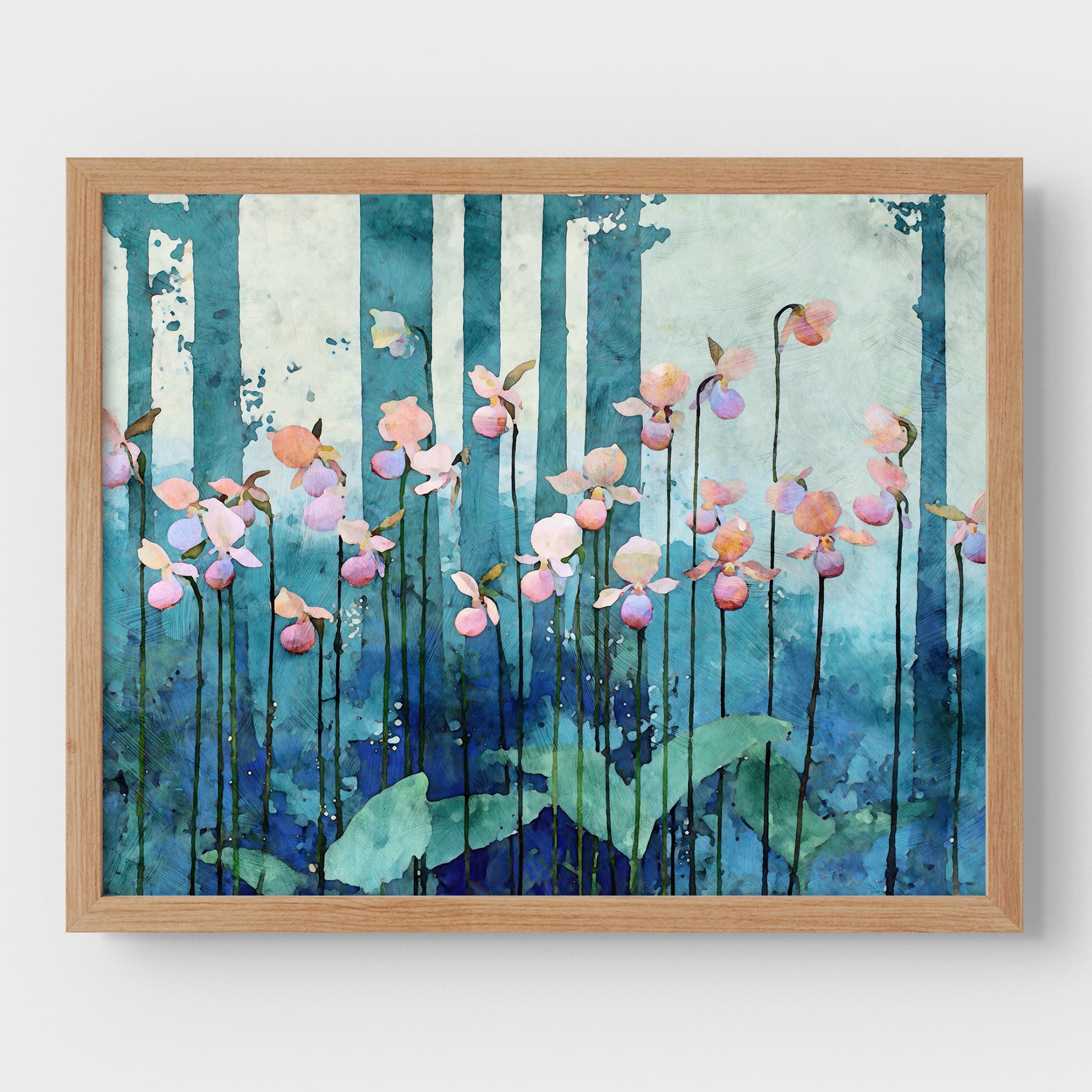 Framed artwork of pink flowers against a blue and green abstract background