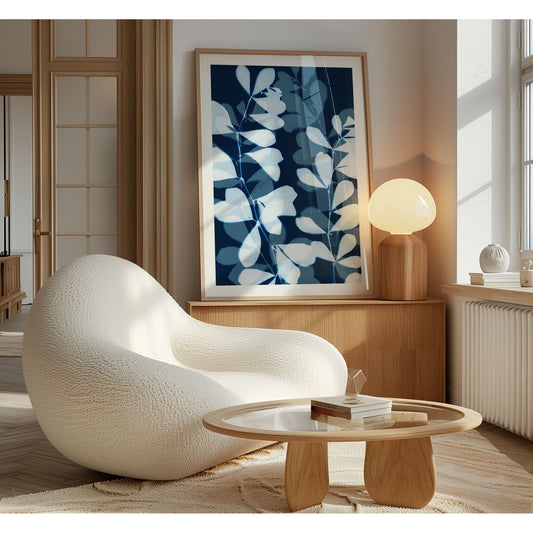 Framed cyanotype botanical print leaning against a wall in a softly lit modern interior, featuring overlapping leaf silhouettes in pale blue and indigo, placed above a wood cabinet beside a glowing lamp and plush cream armchair.