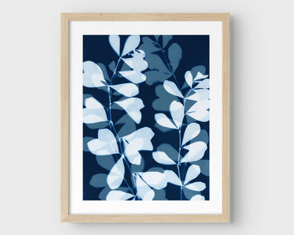 Natural wood framed cyanotype-style print featuring layered silhouettes of delicate botanical stems and rounded leaves in soft blue and deep indigo on a white background.