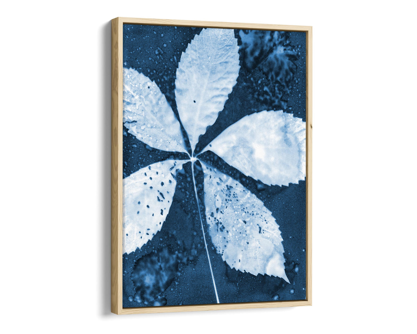 Natural wood framed canvas print of a cyanotype botanical artwork featuring a five-leaf composition in deep blue and white, emphasizing organic textures and fine details.