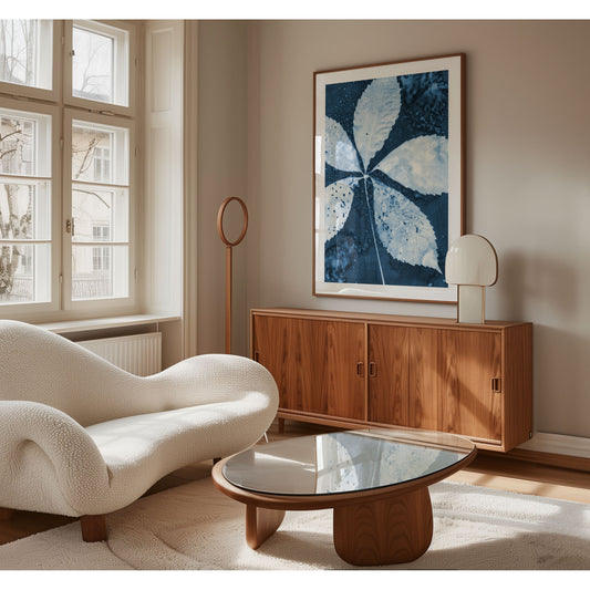 Framed cyanotype print of a five-lobed leaf with water droplets, displayed in a modern living room with neutral tones and wooden furniture.