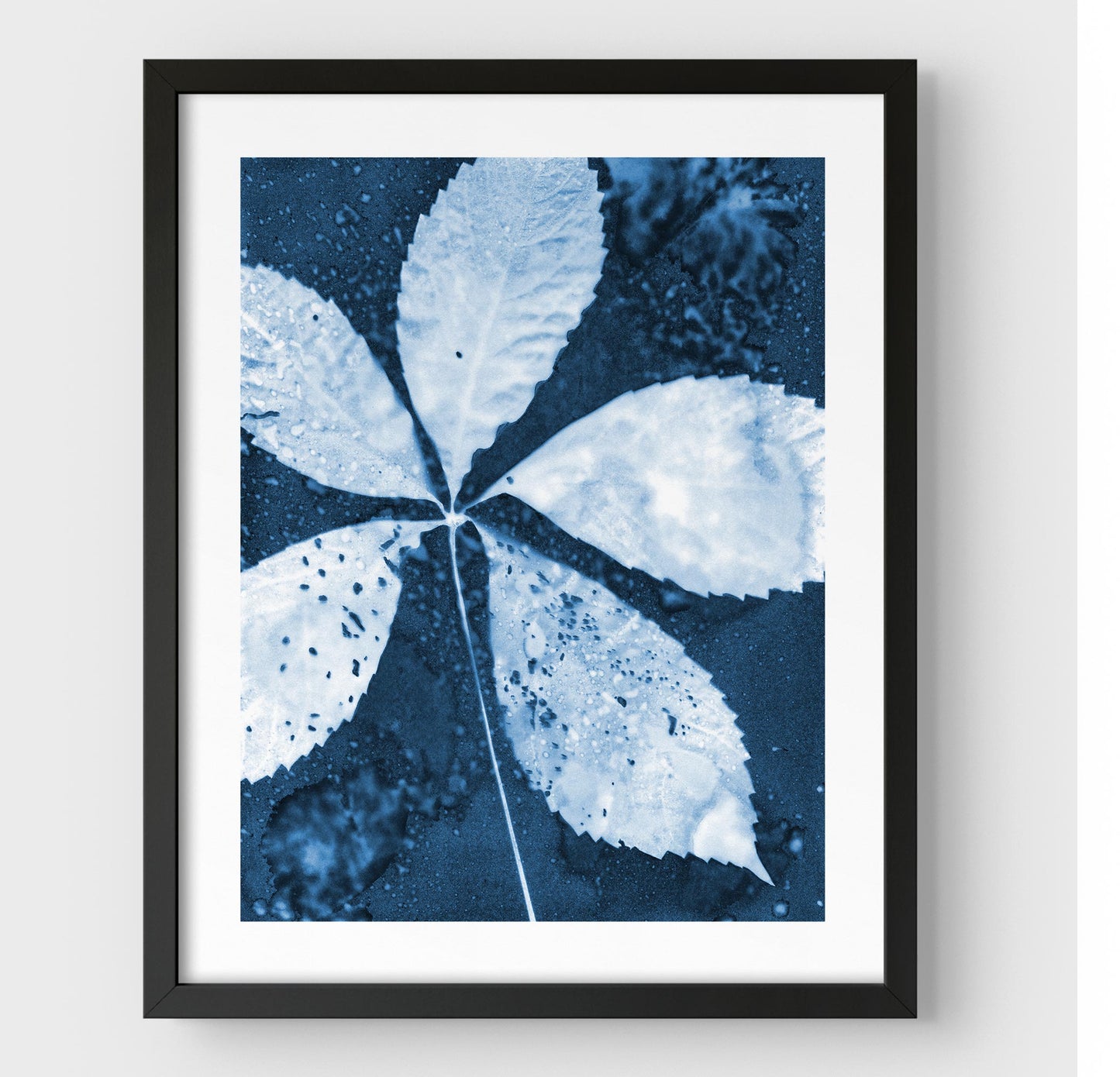 Black framed cyanotype print featuring a detailed five-leaf botanical composition in deep blue and white, highlighting organic textures and natural patterns.