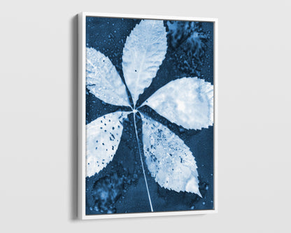 White framed canvas print of a cyanotype botanical artwork featuring a five-leaf composition in deep blue and white, emphasizing organic textures and fine details.