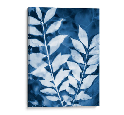 Canvas cyanotype print featuring two leafy branches in deep blue and white, with intricate vein details and organic textures.