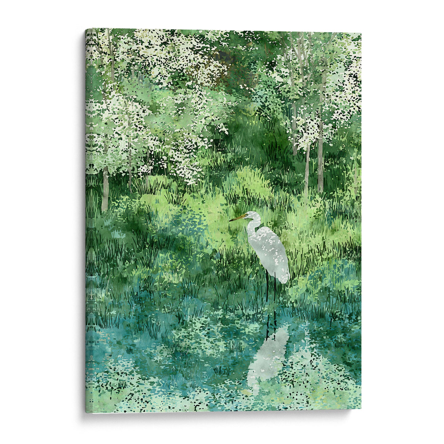 Egret in Lush Green Wetland Art Print