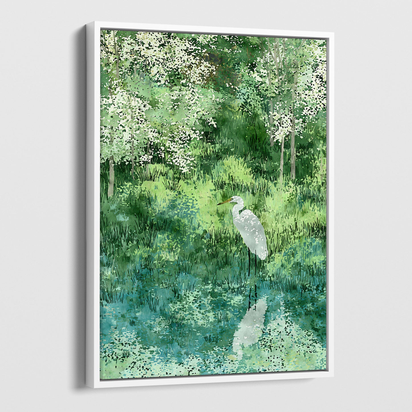 Egret in Lush Green Wetland Art Print