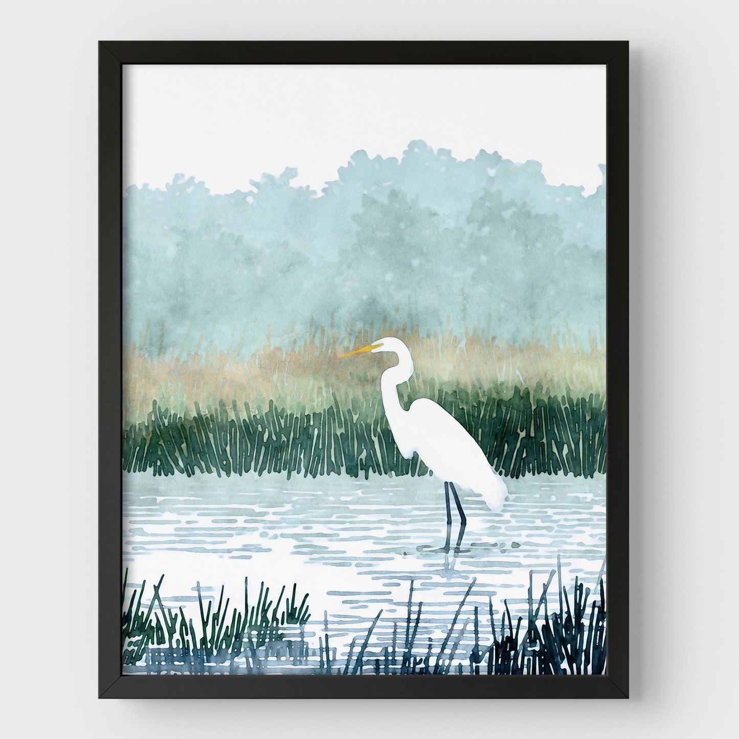 Misty White Egret Watercolor Print
