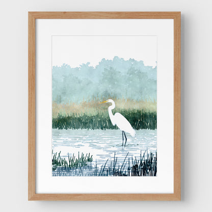 Misty White Egret Watercolor Print