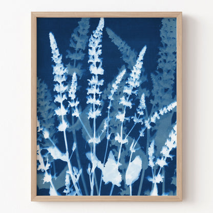 Framed artwork of blue floral design on a white wall