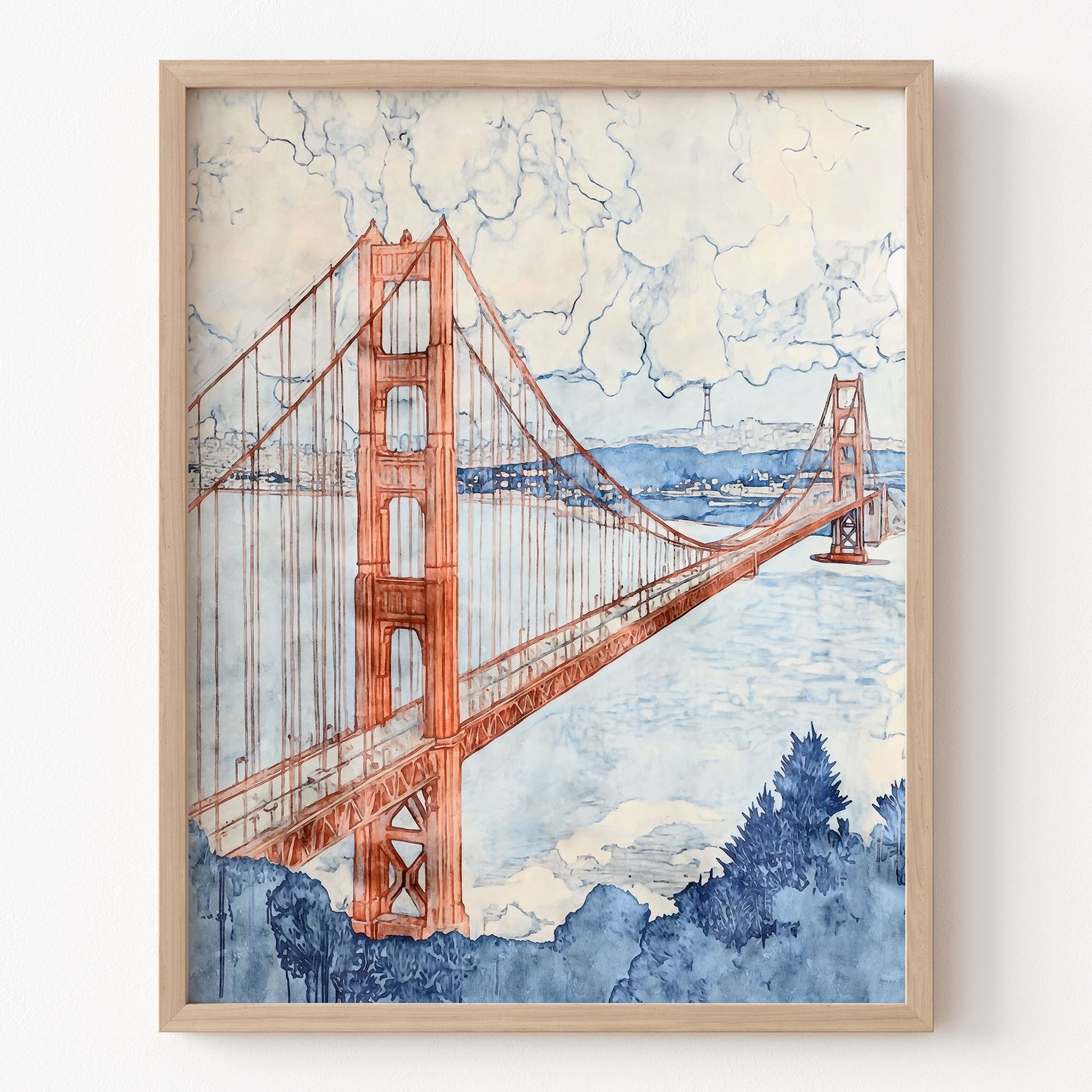 Framed artwork of the Golden Gate Bridge with a watercolor style.