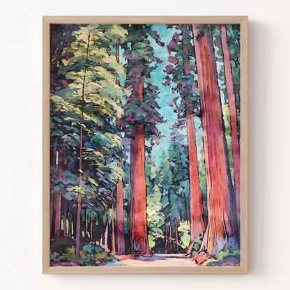 Framed painting of a forest with tall trees on a white wall