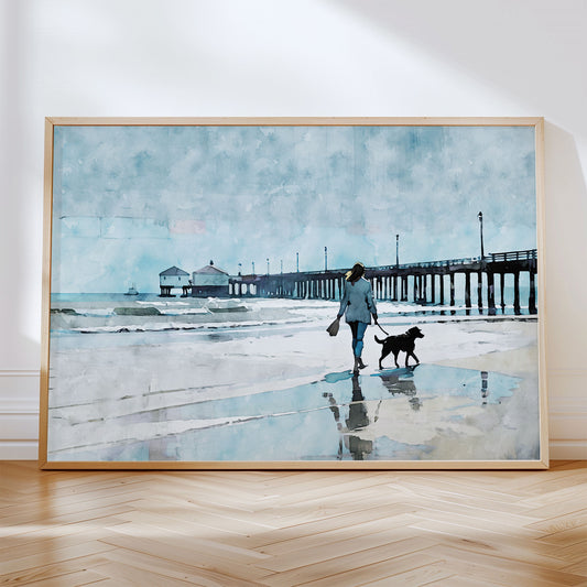 Woman Walking Dog by the Pier Print