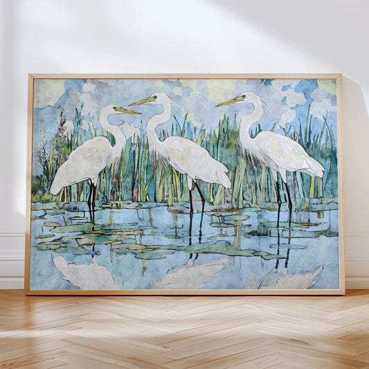 Three White Egrets in a Marsh Print