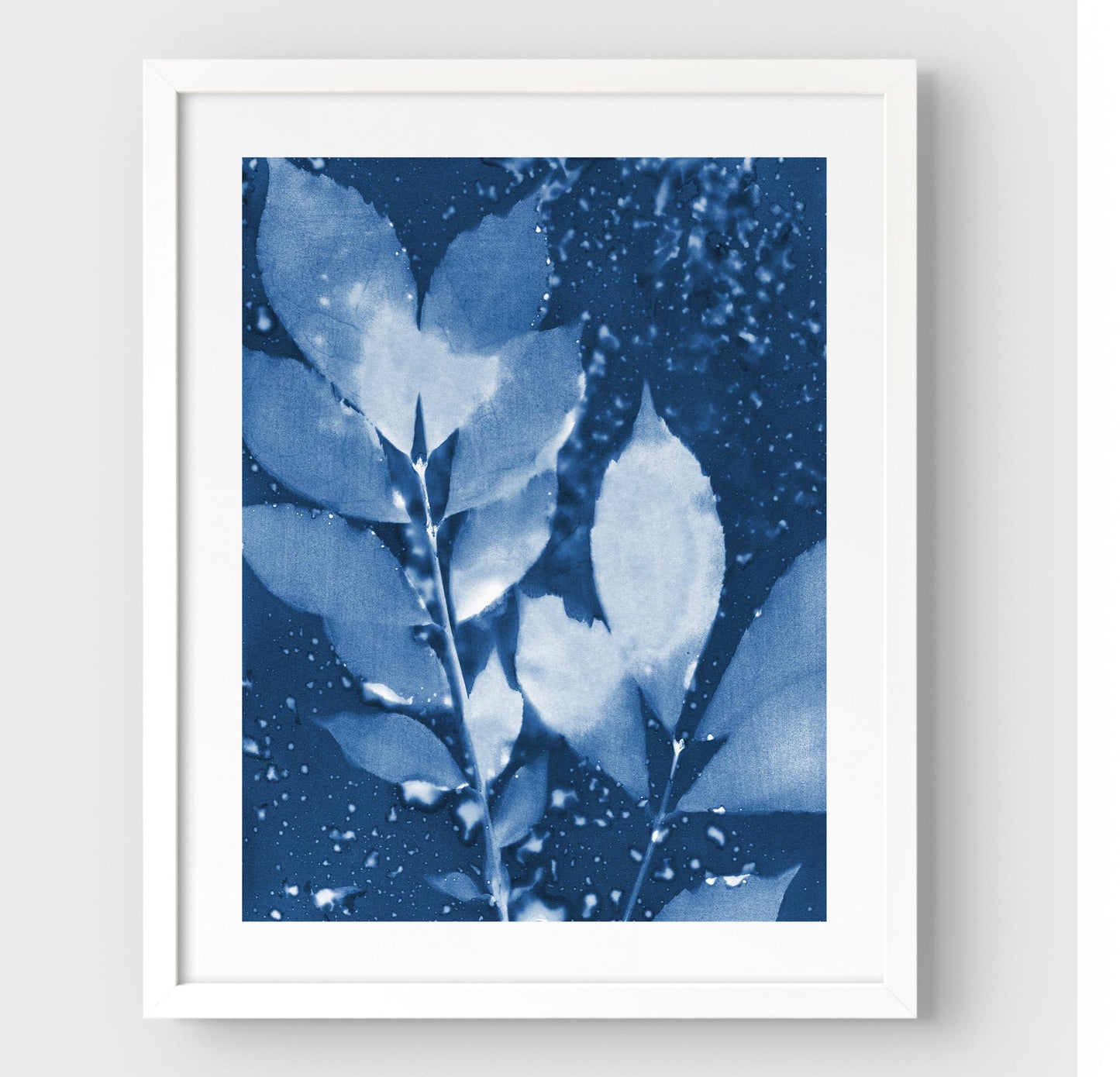 Framed cyanotype print of botanical leaves in deep blue and white, featuring a textured background with organic water droplets, set against a white border and white frame.