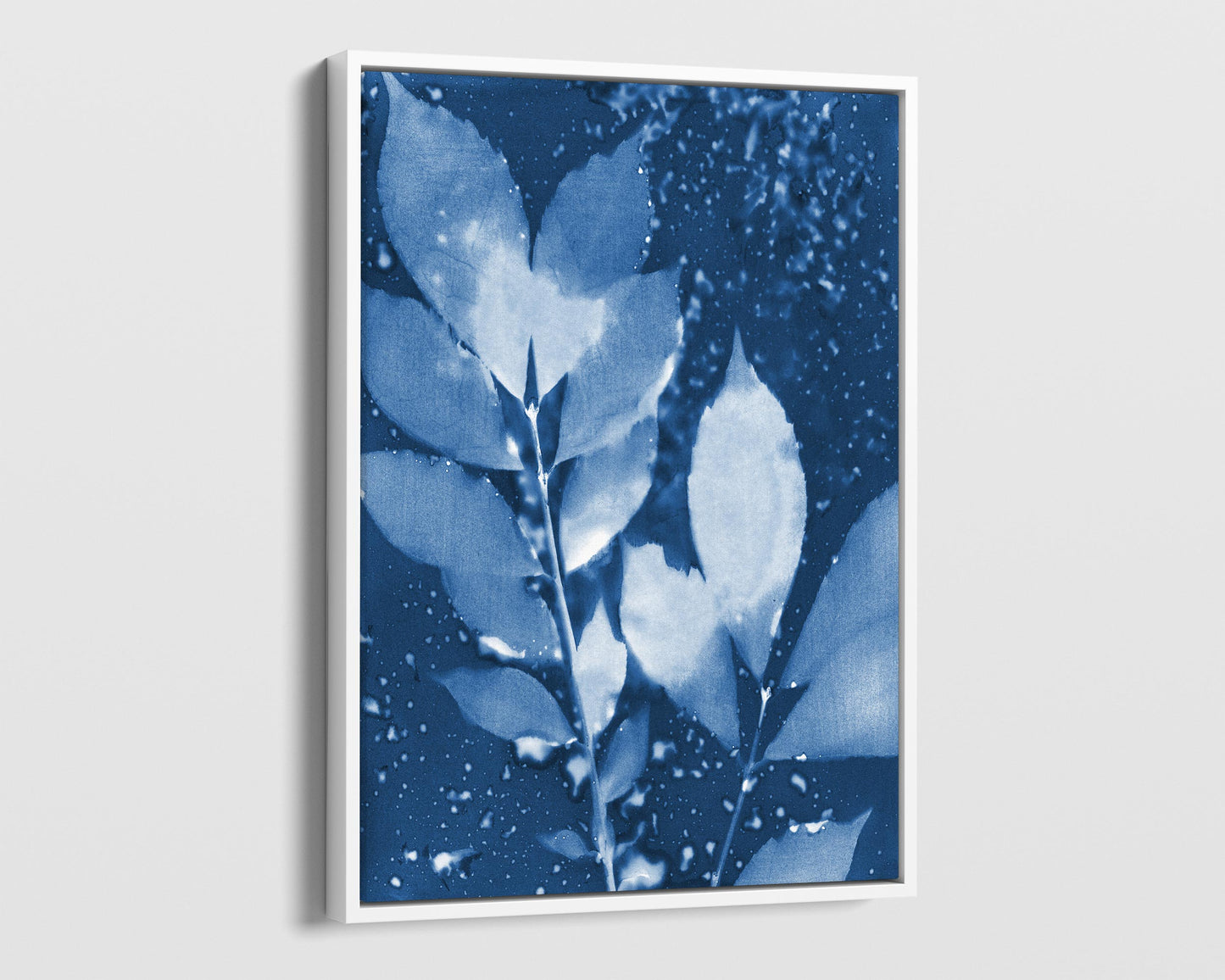 White framed canvas print of a cyanotype botanical artwork featuring delicate leaves in deep blue and white, with water droplet textures adding organic depth.
