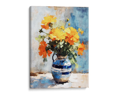 Canvas texture enhances this watercolor of vibrant orange and yellow marigolds in a blue and white striped vase against a soft blue backdrop.