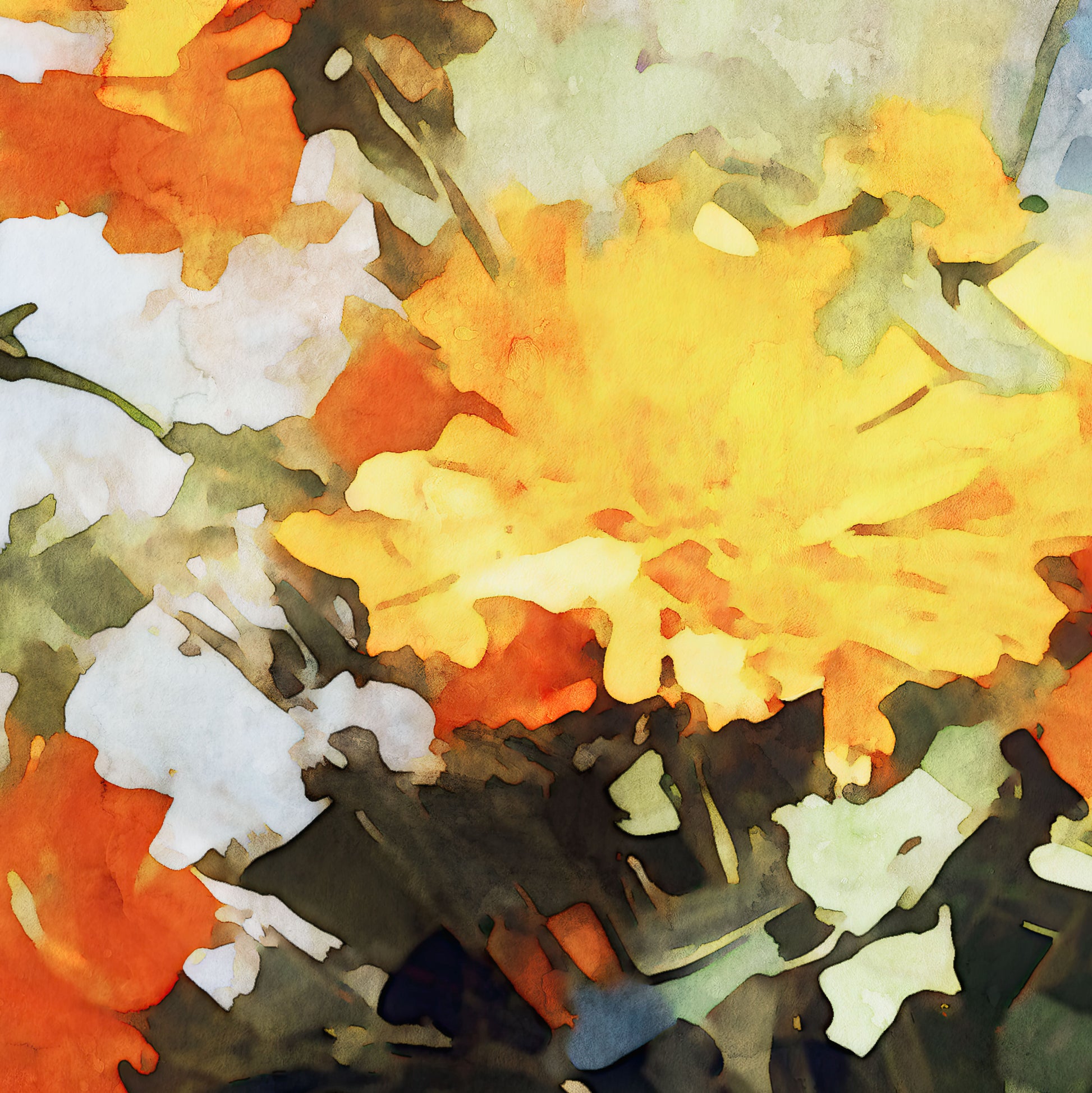 Watercolor-style artwork featuring a close-up of vibrant orange and yellow marigold flowers with delicate petals and rich green foliage in the background.