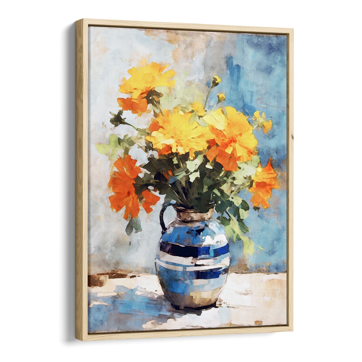Natural wood framed canvas artwork featuring a watercolor-style depiction of a bouquet of vibrant orange and yellow marigold flowers arranged in a blue ceramic vase, set against a soft blue background.
