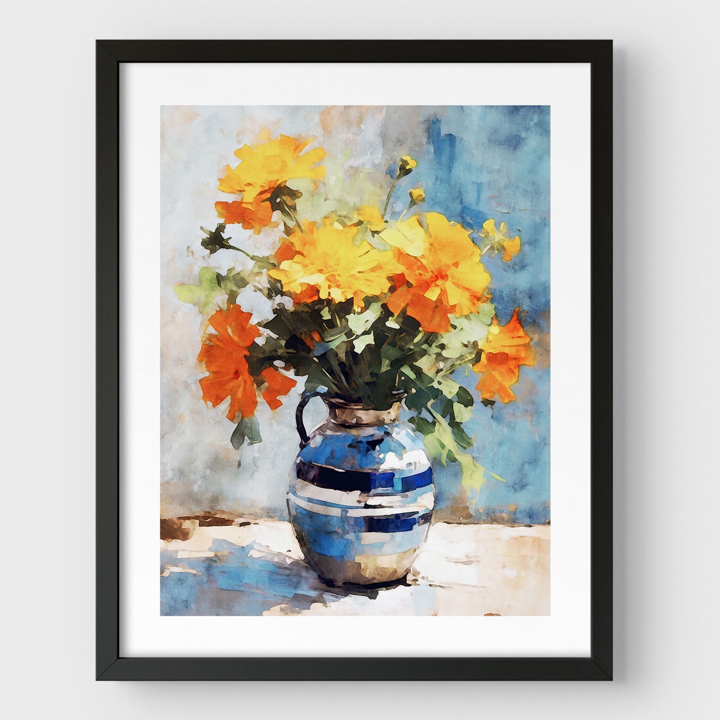 Artwork with a black frame and white border, featuring a watercolor-style depiction of a bouquet of vibrant orange and yellow marigold flowers in a blue ceramic vase, set against a soft blue background.