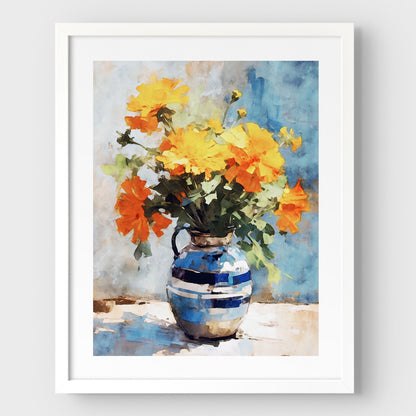 Artwork with a white frame and white border, featuring a watercolor-style depiction of a bouquet of vibrant orange and yellow marigold flowers in a blue ceramic vase, set against a soft blue background.