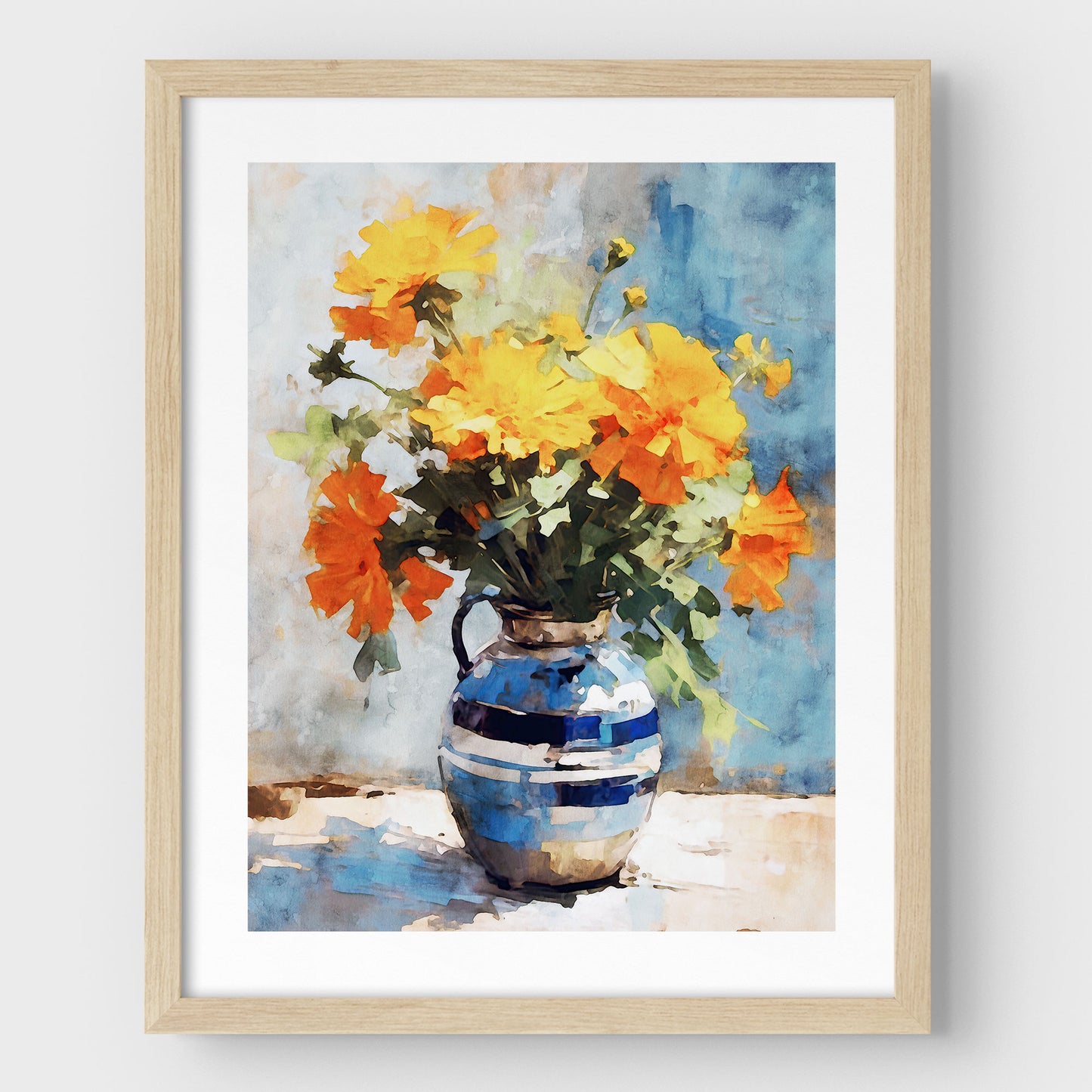 Artwork with a natural wood frame and white border, featuring a watercolor-style depiction of a bouquet of vibrant orange and yellow marigold flowers in a blue ceramic vase, set against a soft blue background.