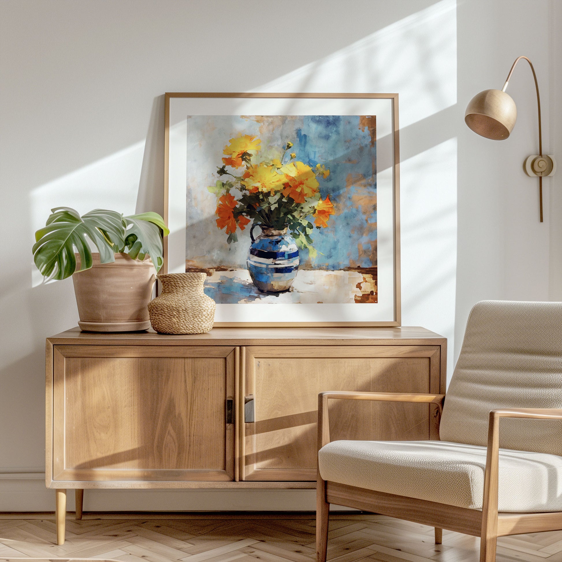 Watercolor painting of orange and yellow marigolds in a striped vase, displayed in a bright room with a potted plant, woven basket, and chair near a wooden cabinet.