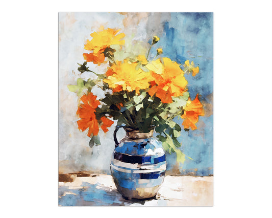 Watercolor painting of orange and yellow marigolds in a striped blue and white vase, set against a muted blue and white background.