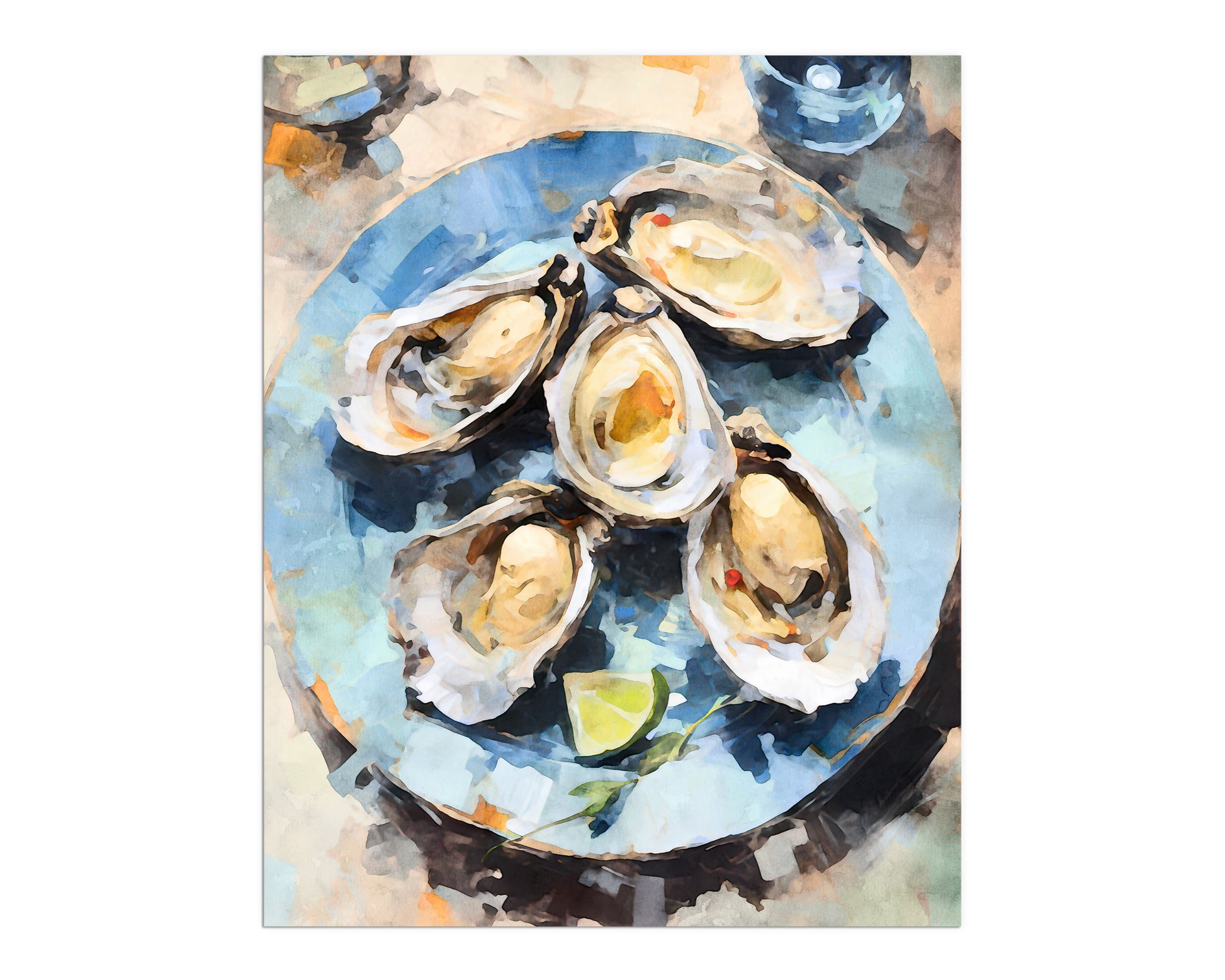 Watercolor painting of fresh oysters with lemon slices on a speckled blue plate, capturing a vibrant and textured seaside essence.