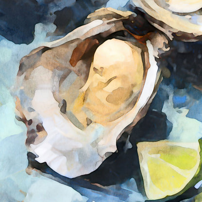 Watercolor-style artwork depicting a close-up of a freshly shucked oyster with its shell, smooth texture, and briny interior, alongside a bright wedge of lime.