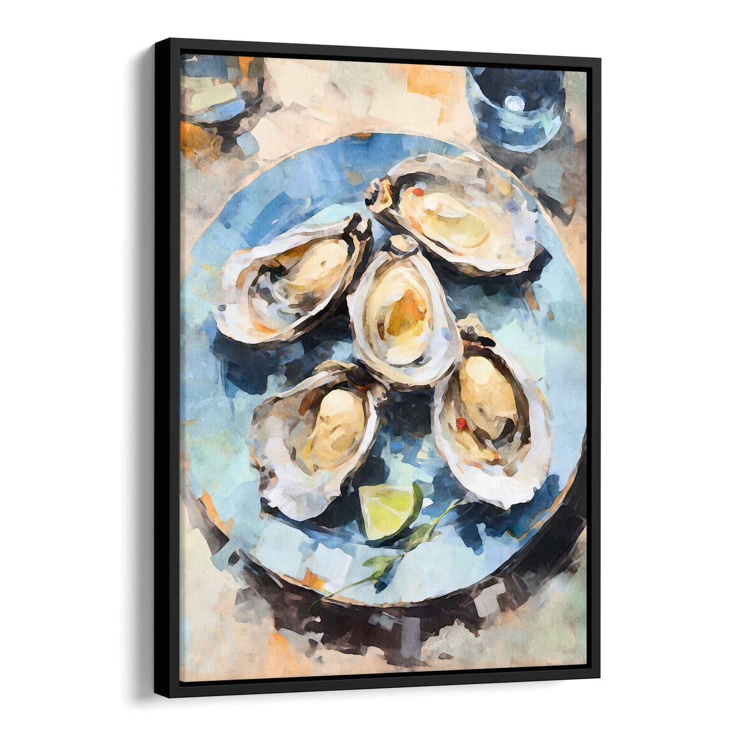 Black framed canvas artwork featuring a watercolor-style depiction of a plate of freshly shucked oysters with shells, served on a blue dish, accompanied by a lime wedge for garnish.