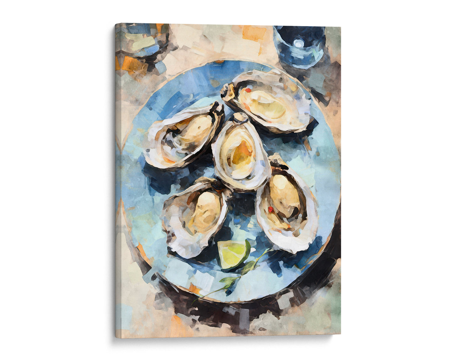 Canvas print of a watercolor painting depicting five open oysters with lime slices on a textured blue plate, emphasizing the freshness and detail of the seafood.