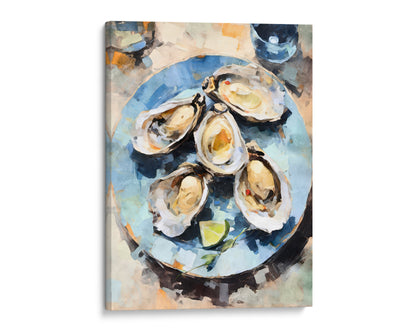 Canvas print of a watercolor painting depicting five open oysters with lime slices on a textured blue plate, emphasizing the freshness and detail of the seafood.