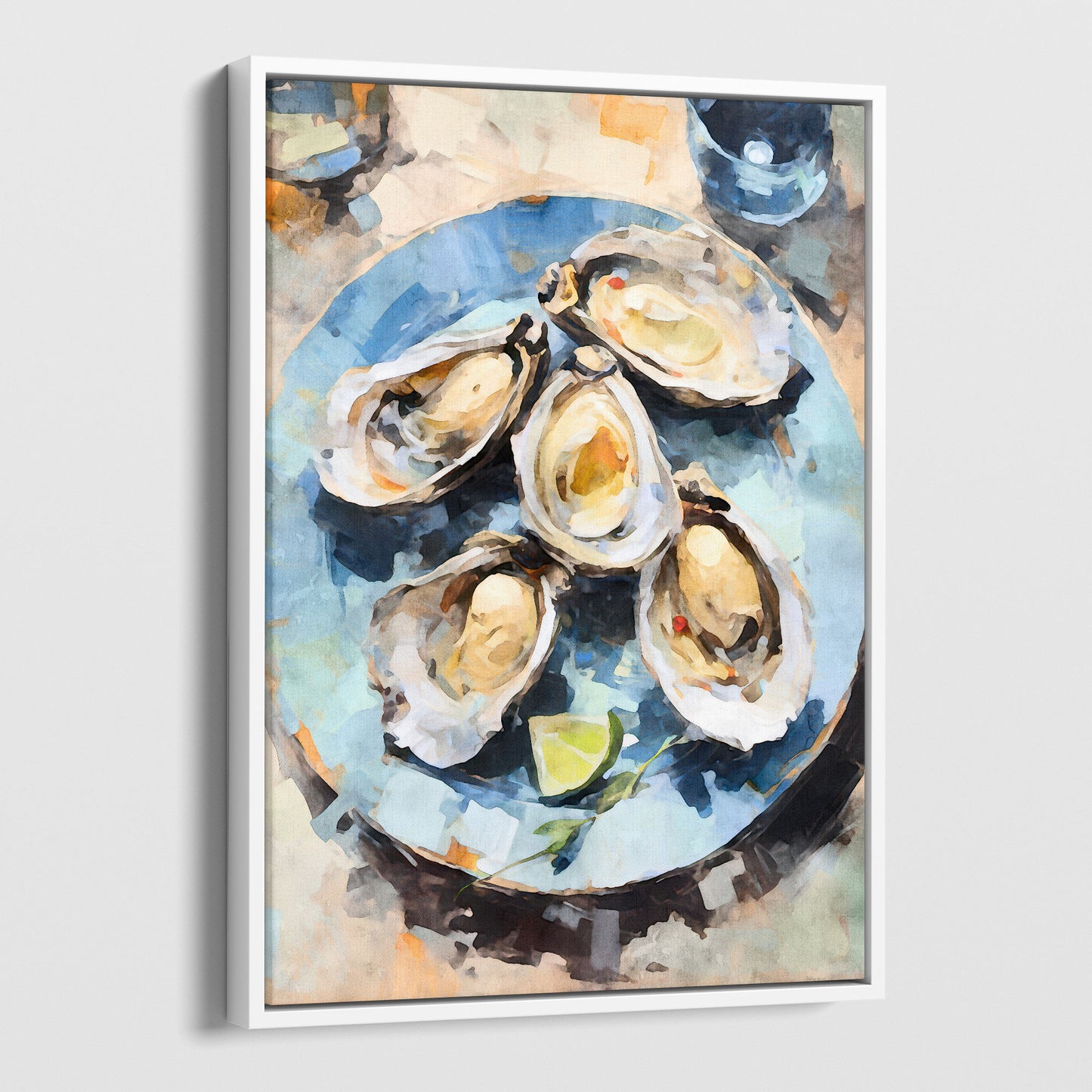 White framed canvas artwork featuring a watercolor-style depiction of a plate of freshly shucked oysters with shells, served on a blue dish, accompanied by a lime wedge for garnish.