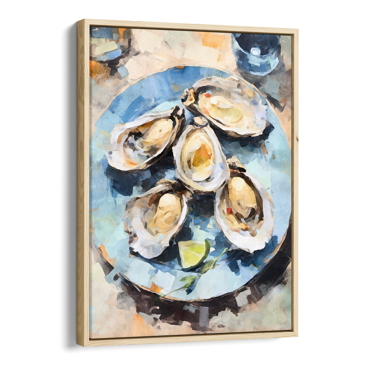 Natural wood framed canvas artwork featuring a watercolor-style depiction of a plate of freshly shucked oysters with shells, served on a blue dish, accompanied by a lime wedge for garnish.