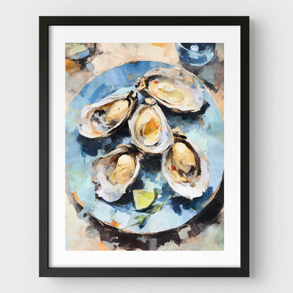 Black framed artwork with a white border, showcasing a watercolor-style depiction of a blue plate holding freshly shucked oysters with shells, garnished with a lime wedge.