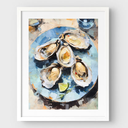 White framed artwork with a white border, showcasing a watercolor-style depiction of a blue plate holding freshly shucked oysters with shells, garnished with a lime wedge.