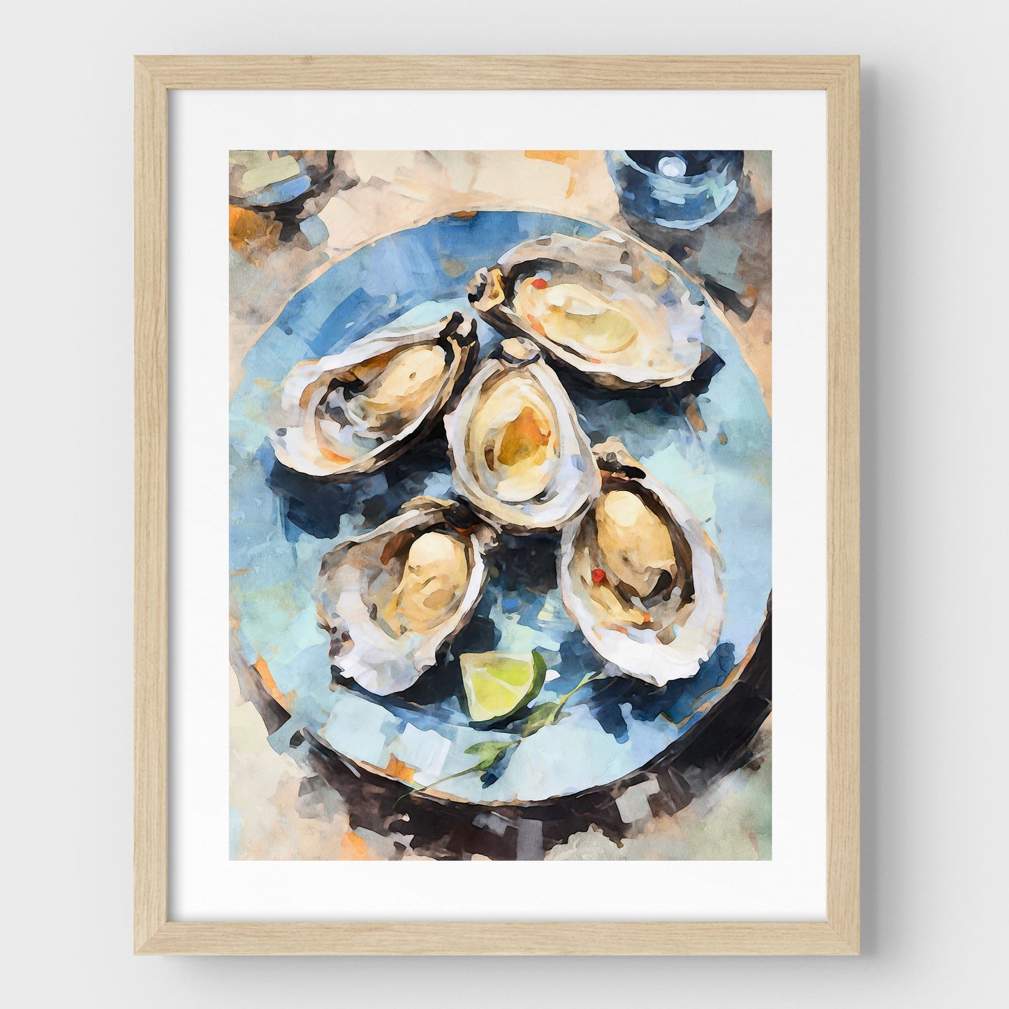 Natural wood framed artwork with a white border, showcasing a watercolor-style depiction of a blue plate holding freshly shucked oysters with shells, garnished with a lime wedge.