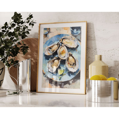 Modern home setting featuring a large framed watercolor painting of five oysters with lime slices on a blue plate, displayed on a shelf alongside decorative items like a glass vase and a yellow ceramic jar.