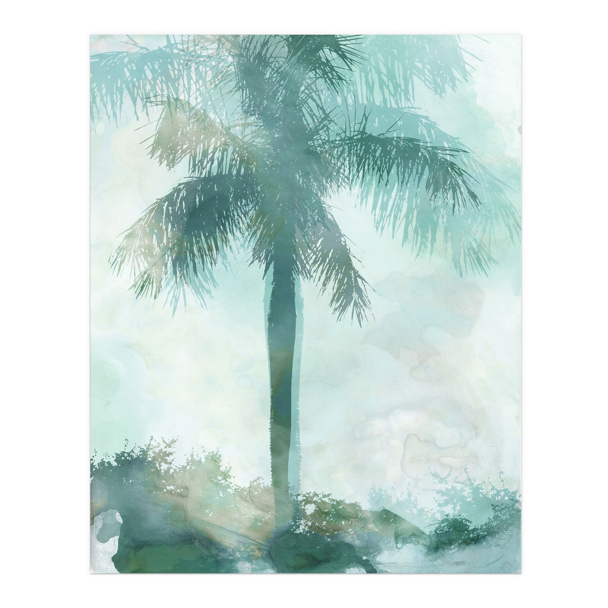 Teal and Aqua Palm Tree Coastal Watercolor Painting Print