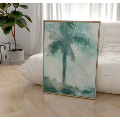 Teal and Aqua Palm Tree Coastal Watercolor Painting Print