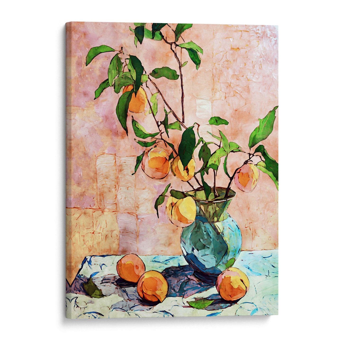 Framed artwork of a still life with fruits and a vase on a textured background