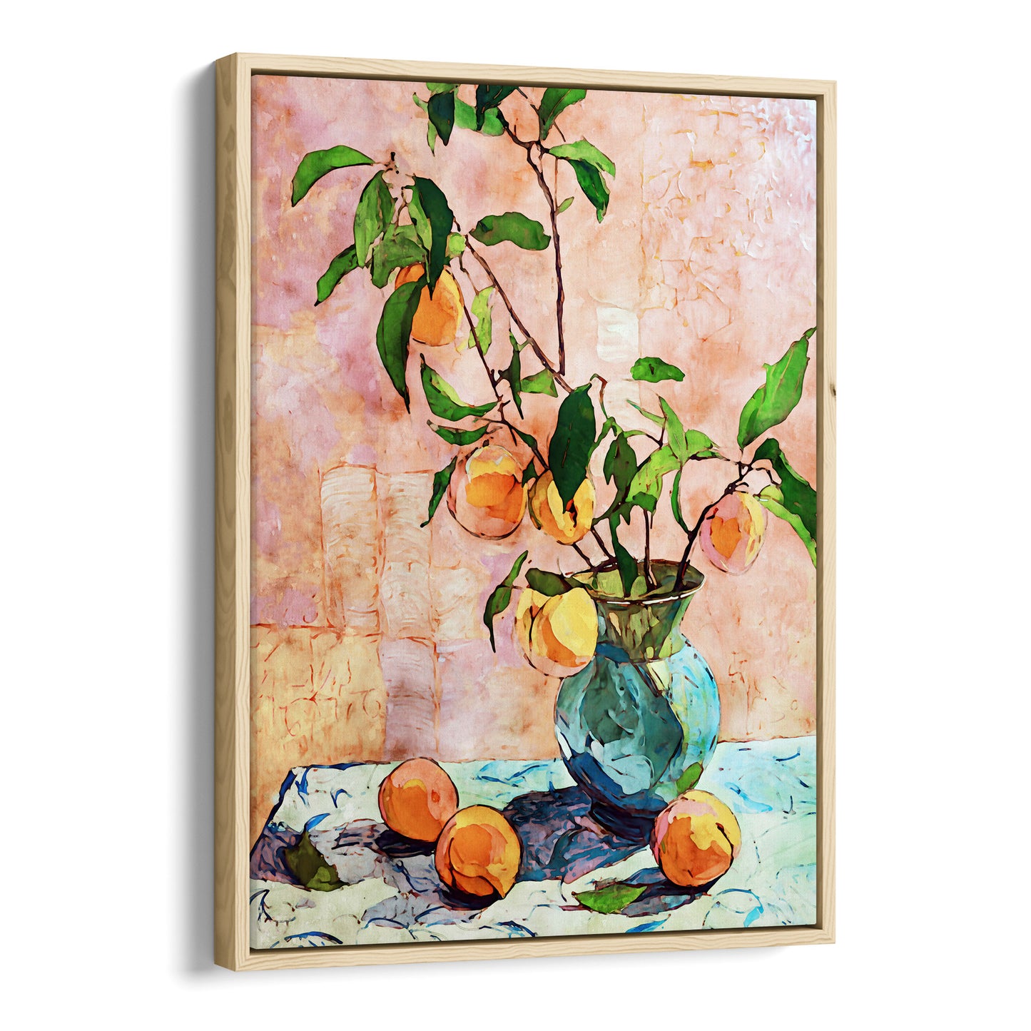 Framed artwork of peaches and a vase on a table with a textured peach-colored background