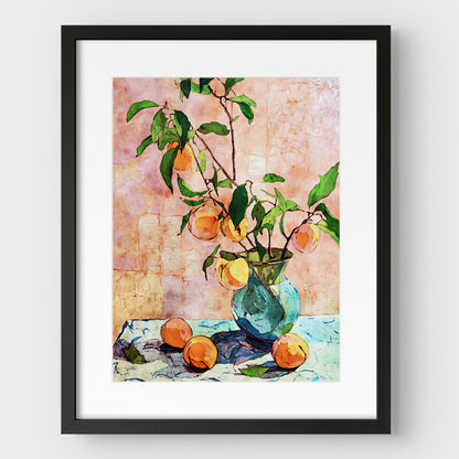 Framed artwork of a still life with a vase and fruits on a textured wall.