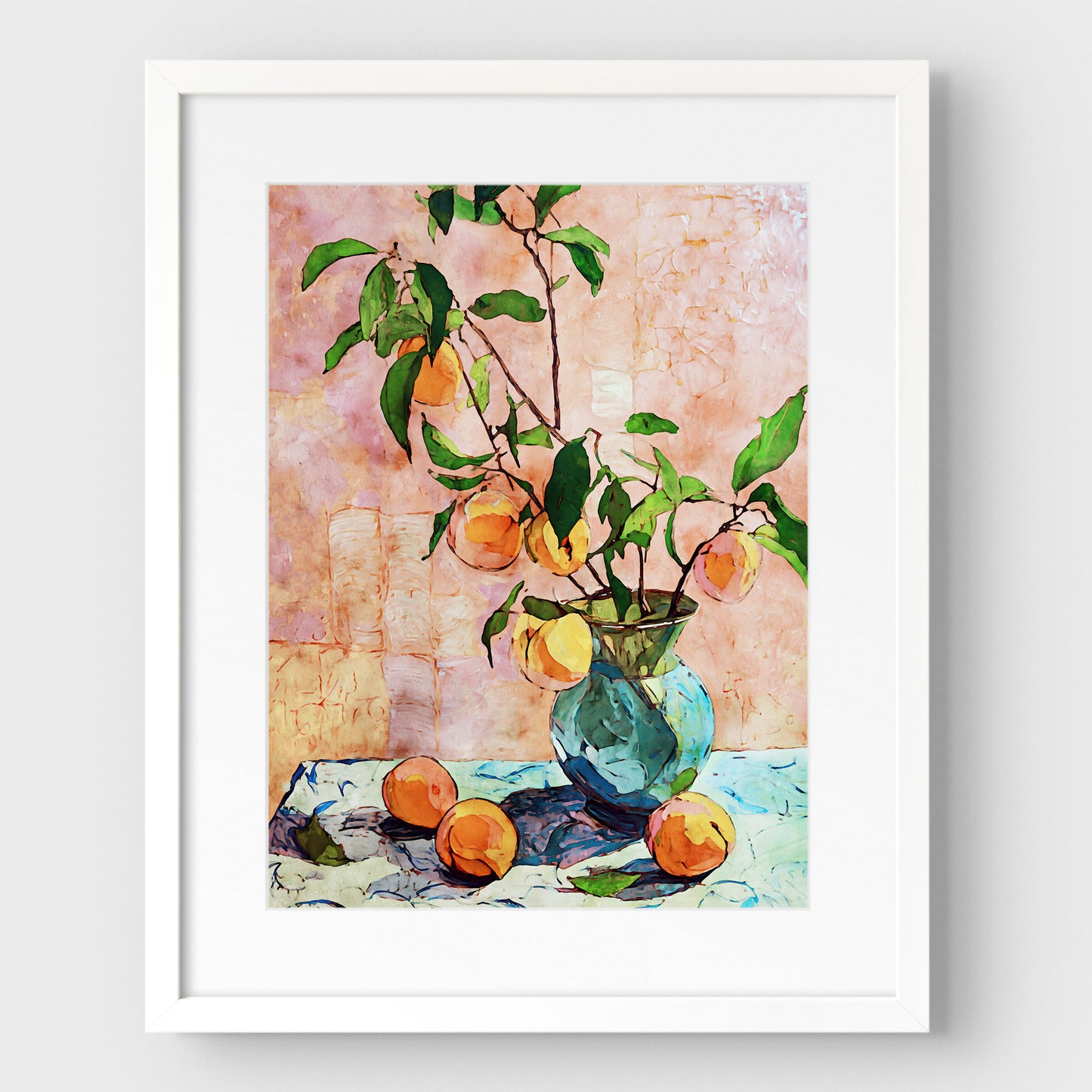 Framed artwork of a still life with peaches and leaves in a vase on a textured surface.