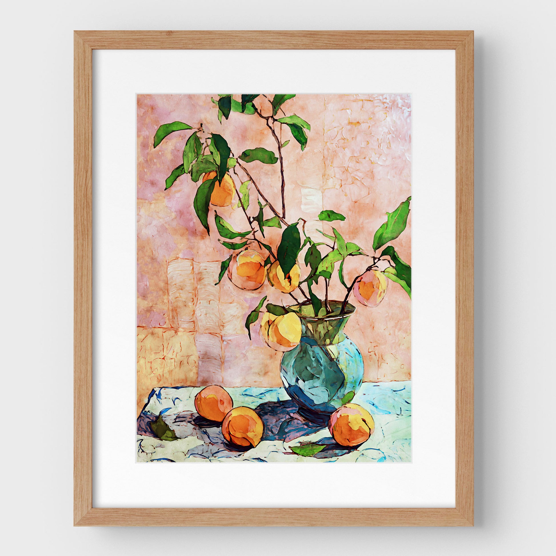 Framed artwork of a still life with peaches and a vase on a textured surface.