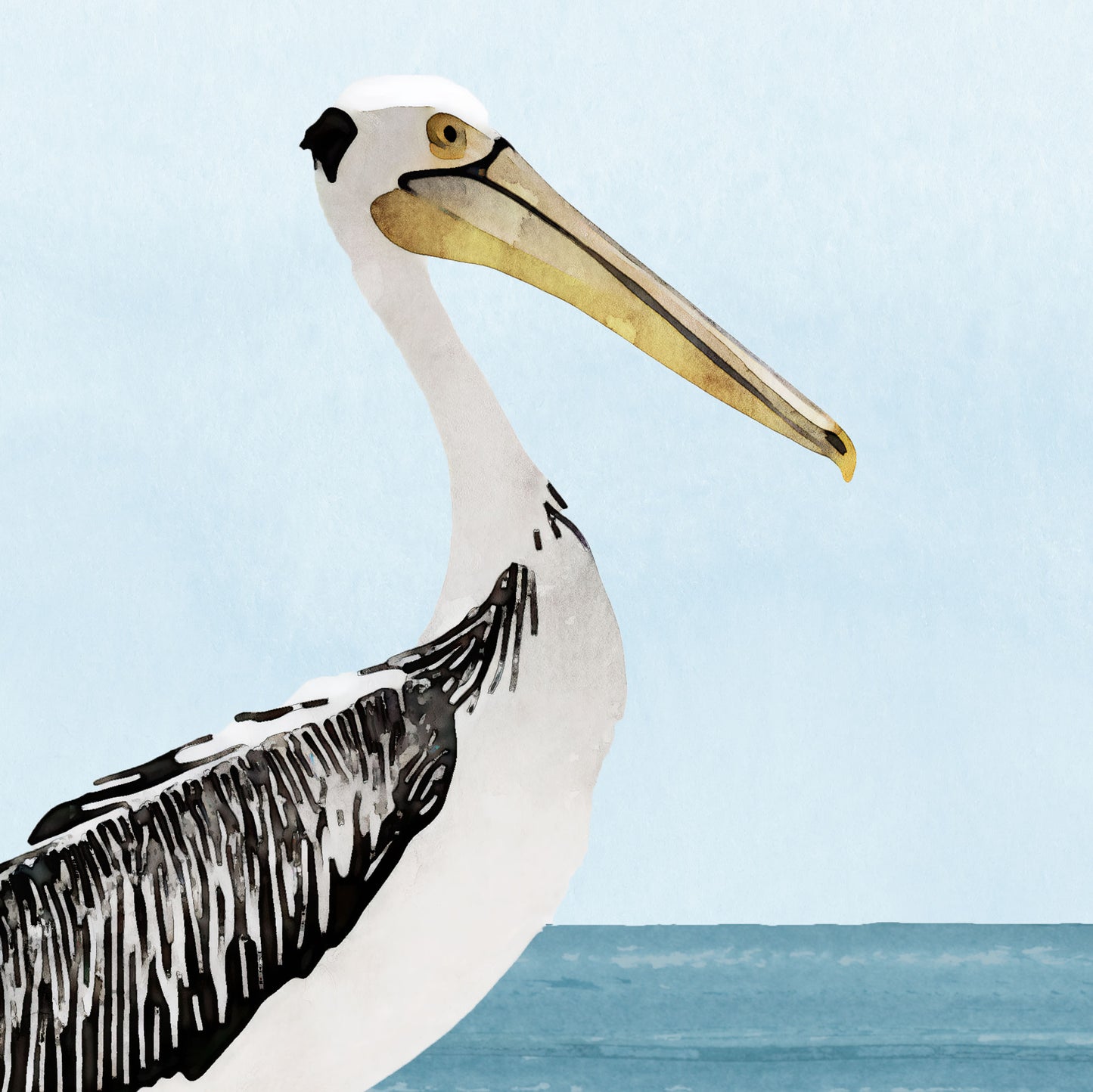 Close-up of a greeting card featuring a watercolor-style illustration of three pelicans standing on a wooden dock above a calm blue sea, under a soft, pale sky.