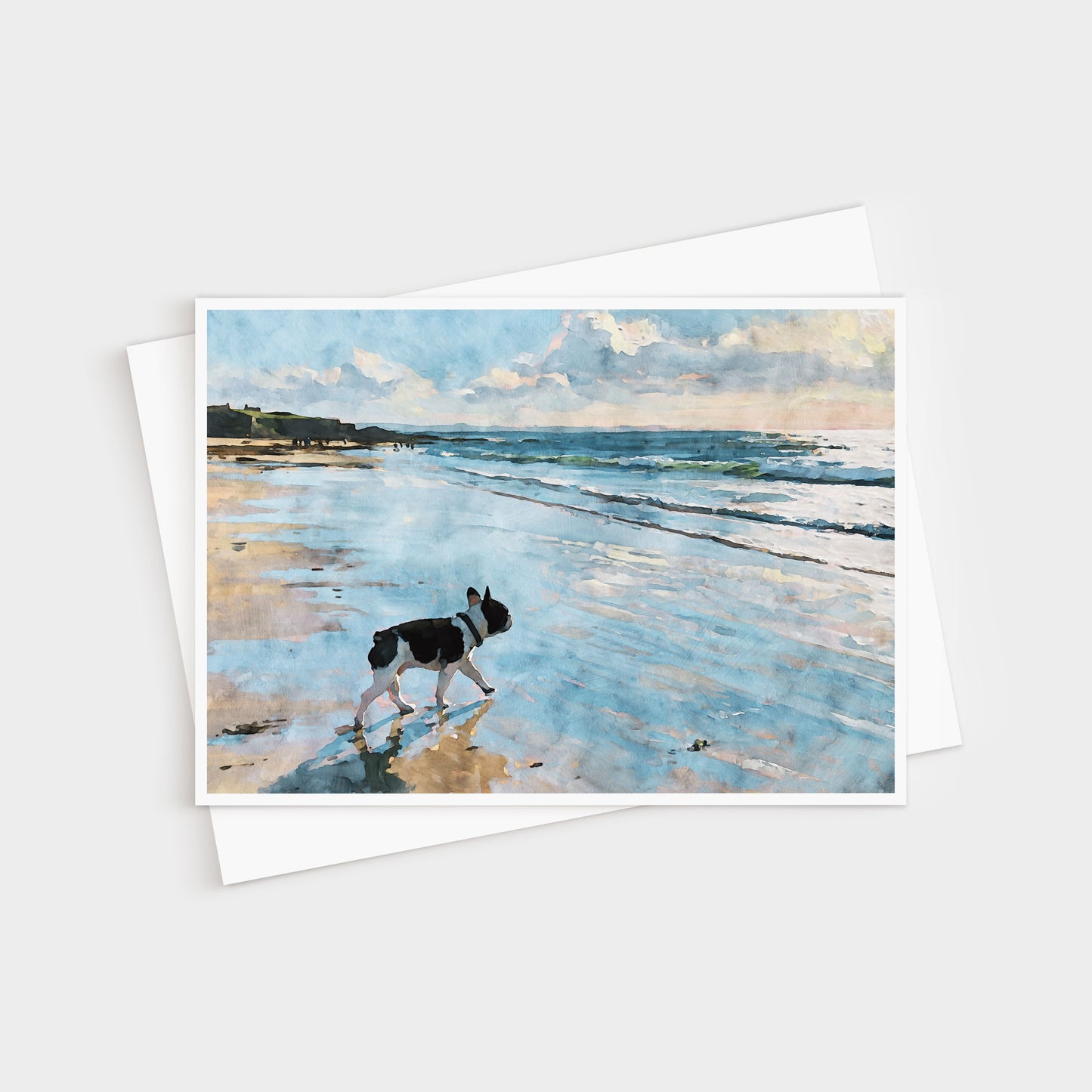 Pied French Bulldog beach note card shown with a white envelope and a pale blue ocean scene.